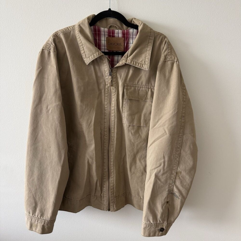 Vintage Y2K Cherokee Men’s XL Tan Canvas Work Jacket Plaid Lined Zip Chore Coat